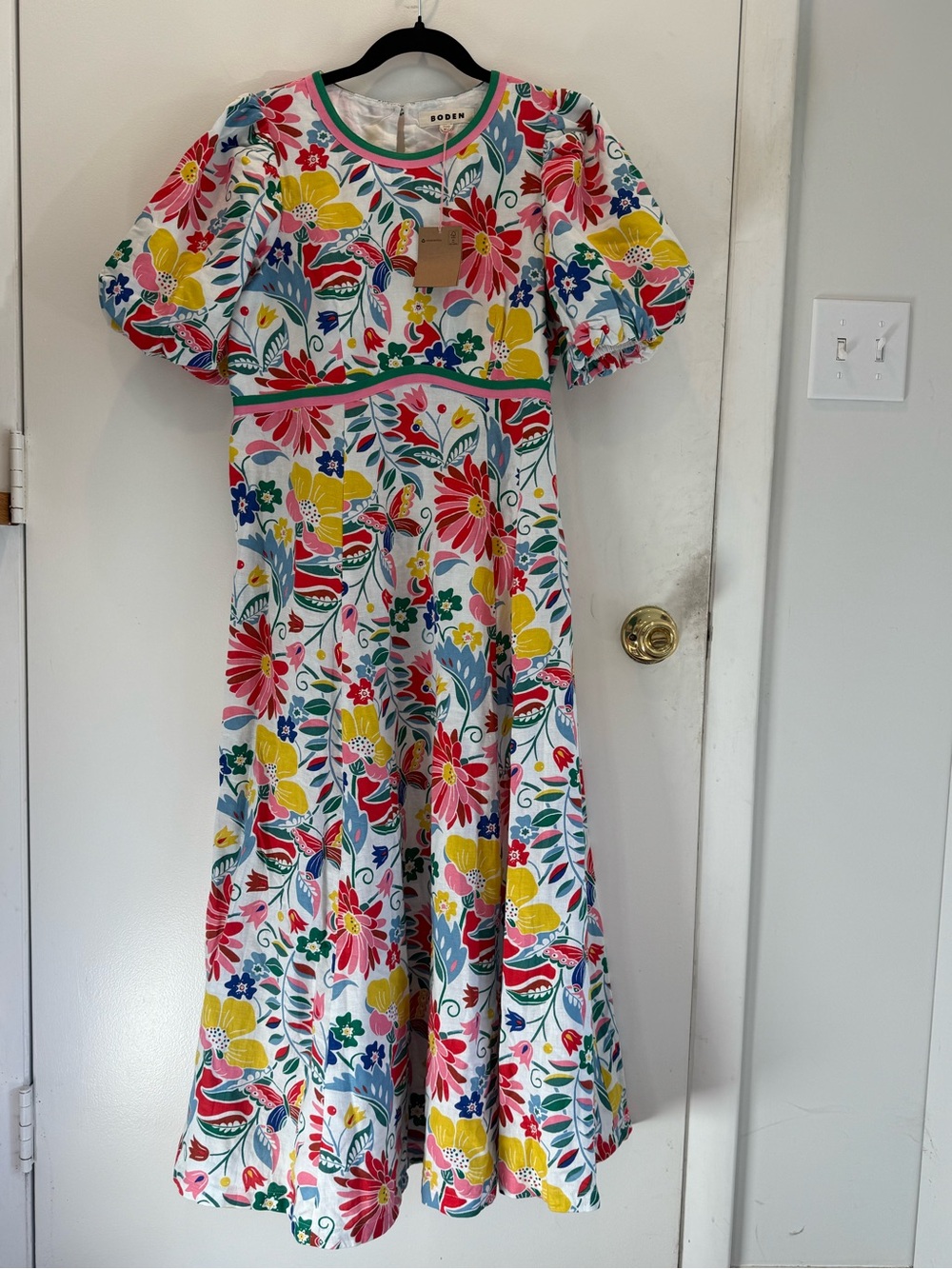 Boden Floral Puff-Sleeve Midi Dress in Pink, Yellow, Blue & Green